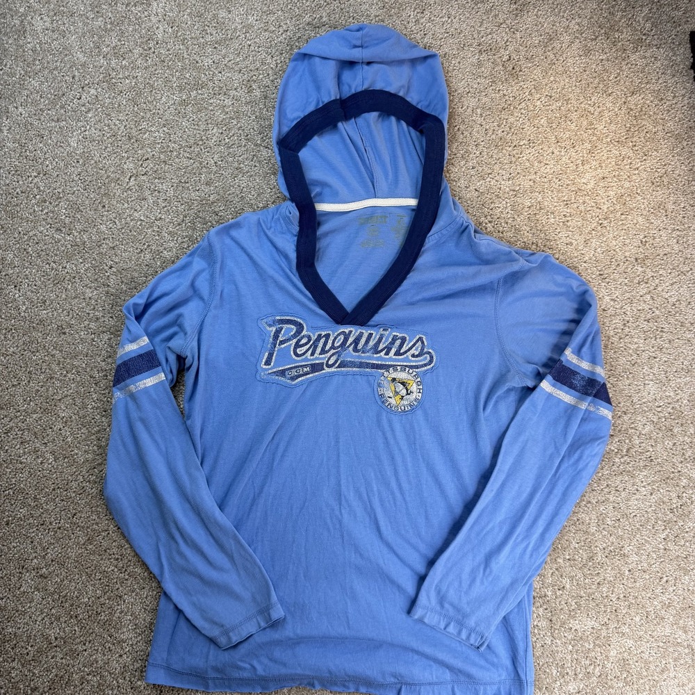 Pittsburgh Penguins Shirt Womens XL Blue NHL Hockey Hooded Long Sleeve CCM